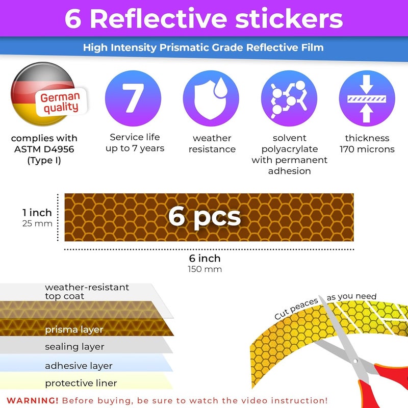 Loom Reflective Stickers for Helmet | 6pcs Prism Yellow | Similar to 3M Reflective Tape | Bike Reflectors for Night Riding, Mailbox reflectors | Waterproof hi vis Decals for Car, Trailer - Image 3